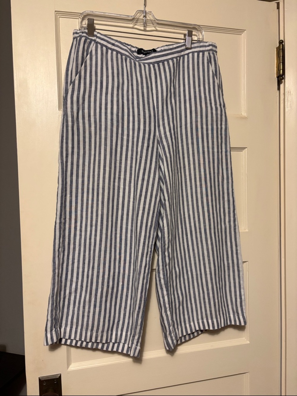 Ellen Tracy Blue & White Vertical Stripe Wide-Leg Linen Short Pants